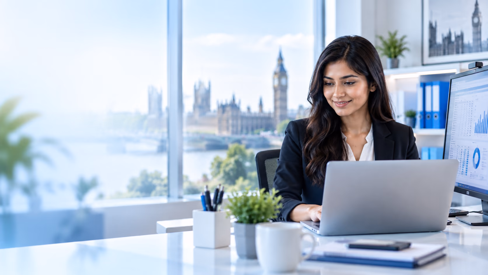Accountant working on a laptop in a bright office overlooking Westminster